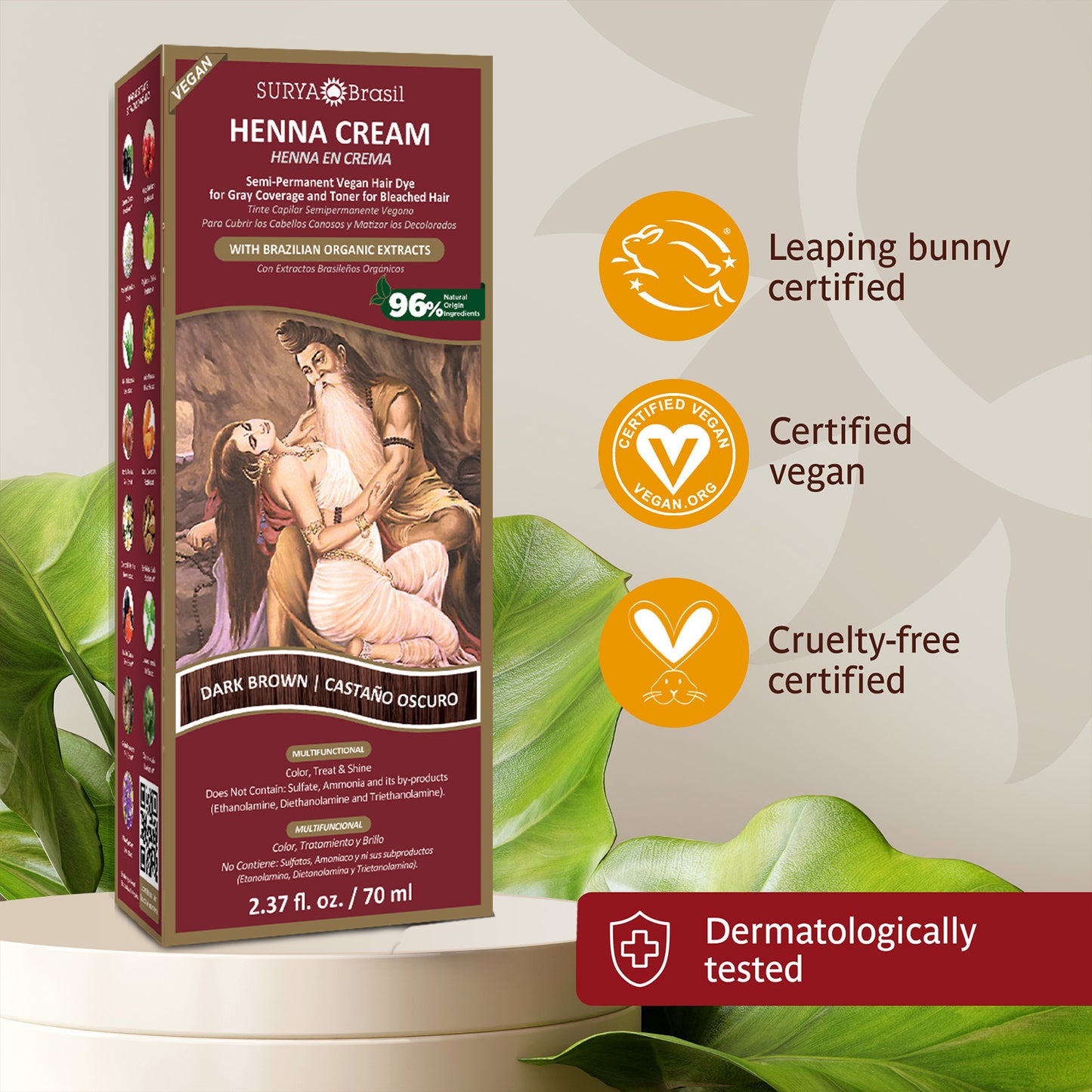 Luxurious Surya Brasil Henna Cream Dark Brown, 2.37oz box. Ayurvedic blend, Amazonian biodiversity, holistic hair care. Natural, eco-conscious, gentle, vibrant.