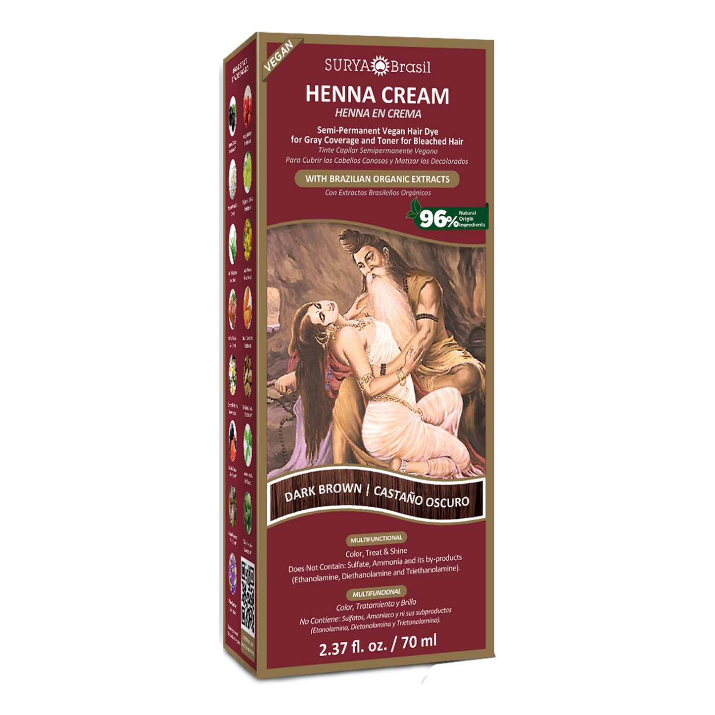 Henna Cream Dark Brown box featuring Surya Brasil branding, highlighting natural ingredients and eco-friendly, semi-permanent hair color benefits.