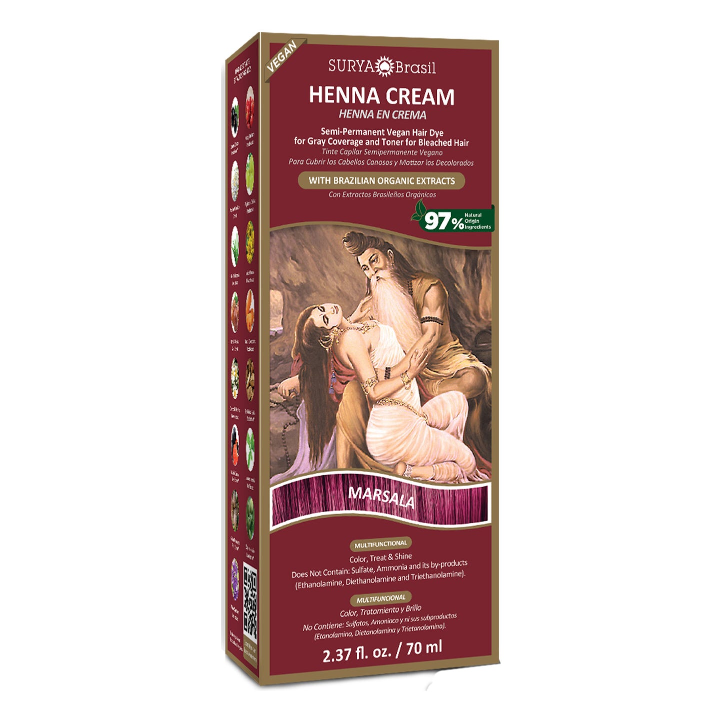 Surya Brasil Henna Cream Marsala box featuring a painting of a woman and a man, emphasizing natural, eco-friendly hair care with botanical extracts.