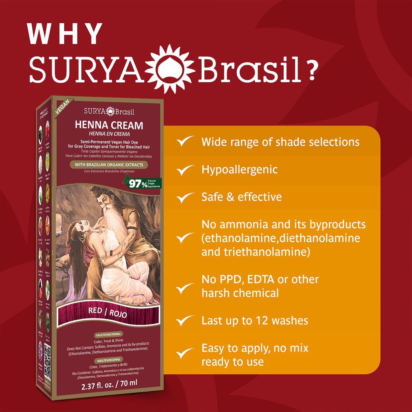 A box of Surya Brasil Henna Cream Red, 2.37 fl. oz. Luxurious Ayurvedic blend from the Amazon Forest, promoting holistic wellness and eco-conscious beauty.