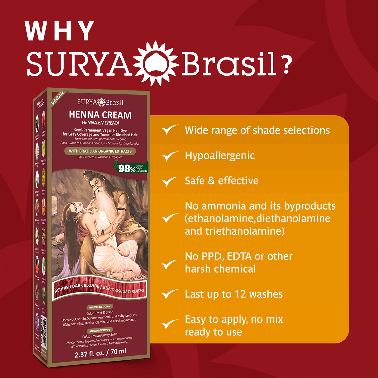 A luxurious box of Surya Brasil Henna Cream, embodying Ayurvedic principles and Amazonian biodiversity for vibrant, nourished hair care.