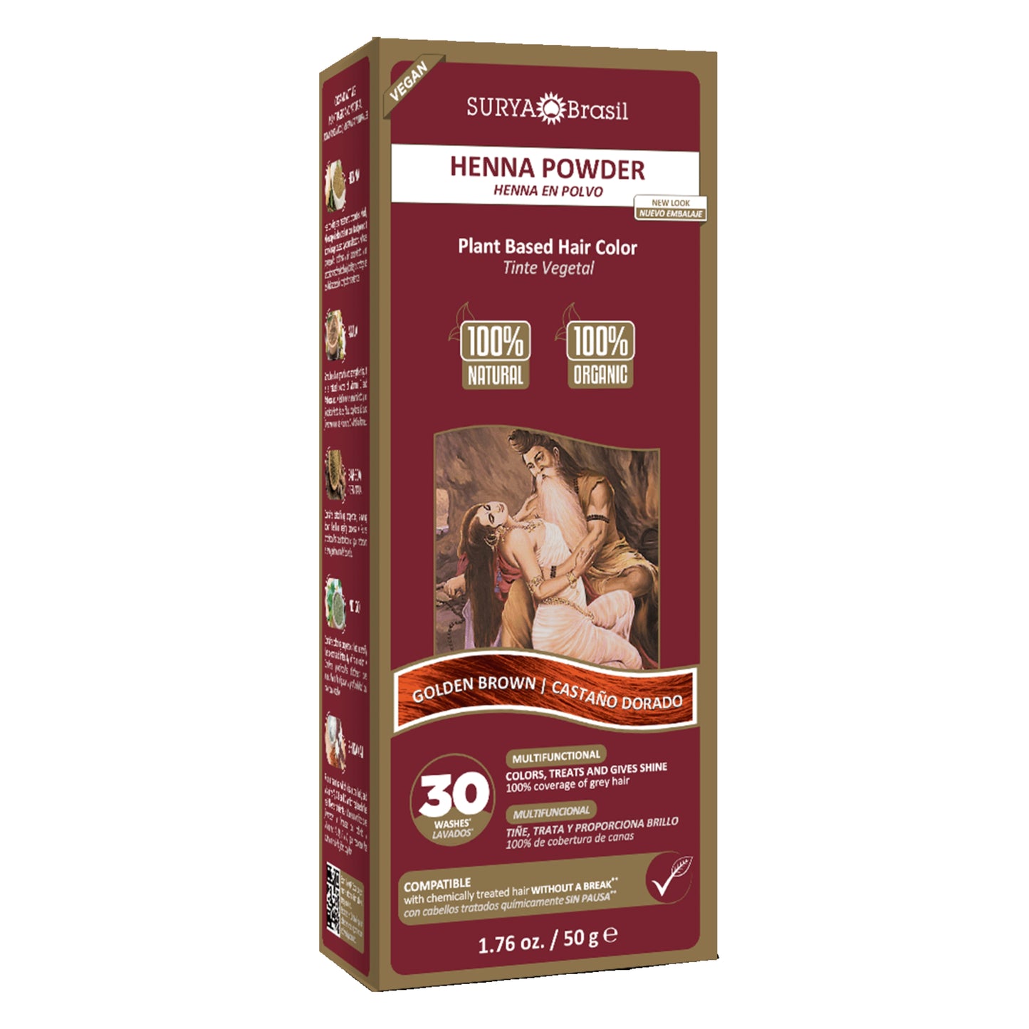 Surya Brasil Henna Powder Golden Brown box, showcasing 100% natural, plant-based hair dye with botanical ingredients for nourishing, semi-permanent color and gray coverage.