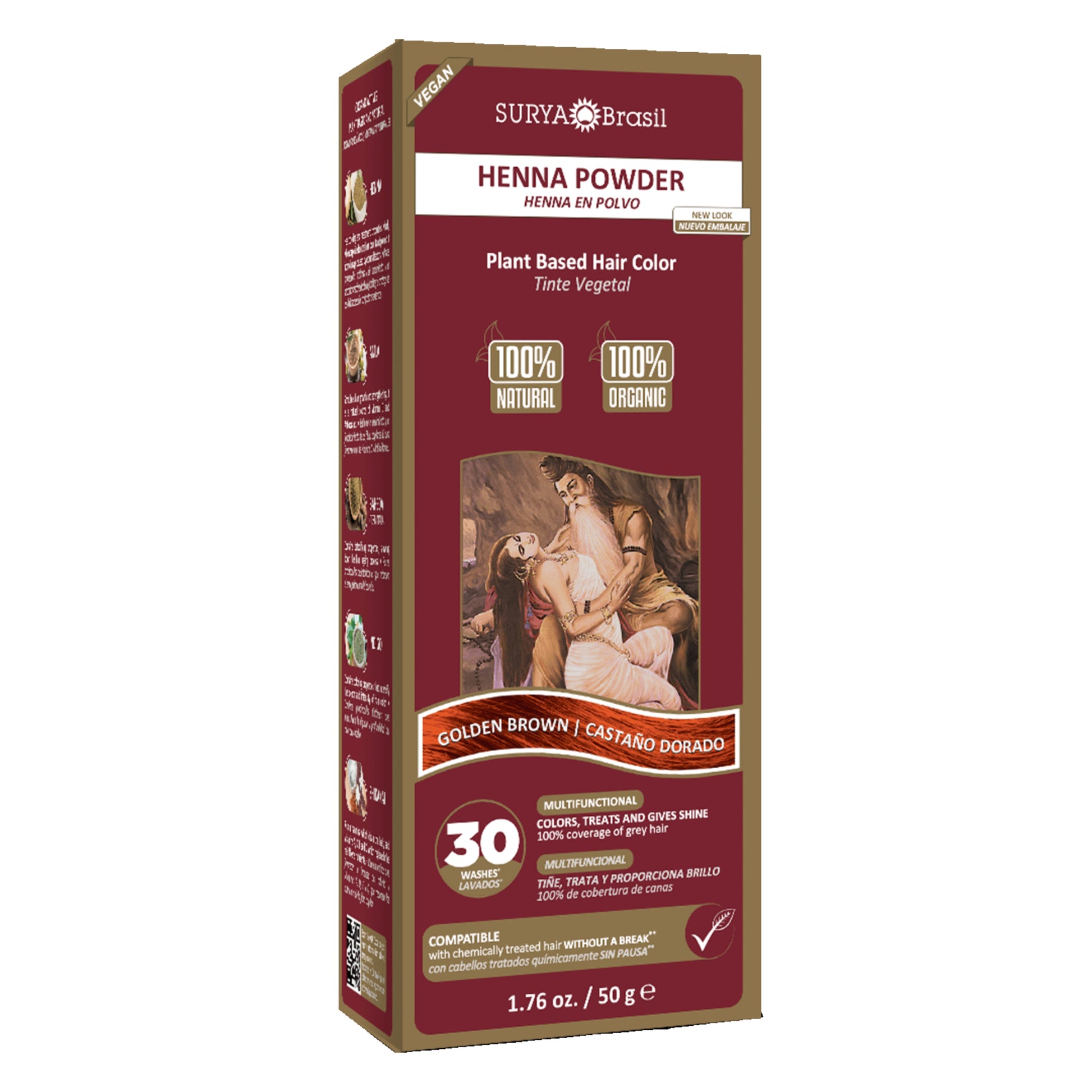 Surya Brasil Henna Powder Golden Brown box, showcasing 100% natural, plant-based hair dye with botanical ingredients for nourishing, semi-permanent color and gray coverage.