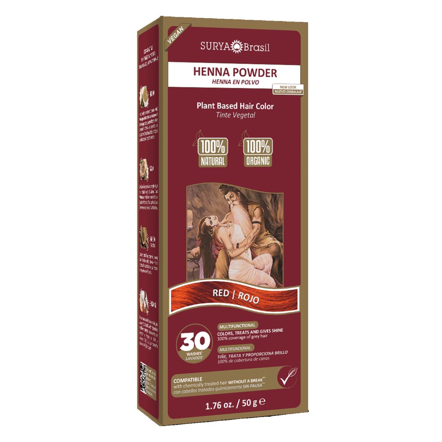 Surya Brasil Henna Powder Red box with botanical illustrations, highlighting its 100% natural, plant-based hair color and deep nourishment benefits.