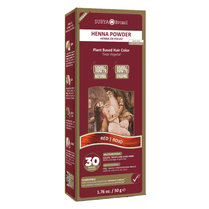 Surya Brasil Henna Powder Red box with botanical illustrations, highlighting its 100% natural, plant-based hair color and deep nourishment benefits.