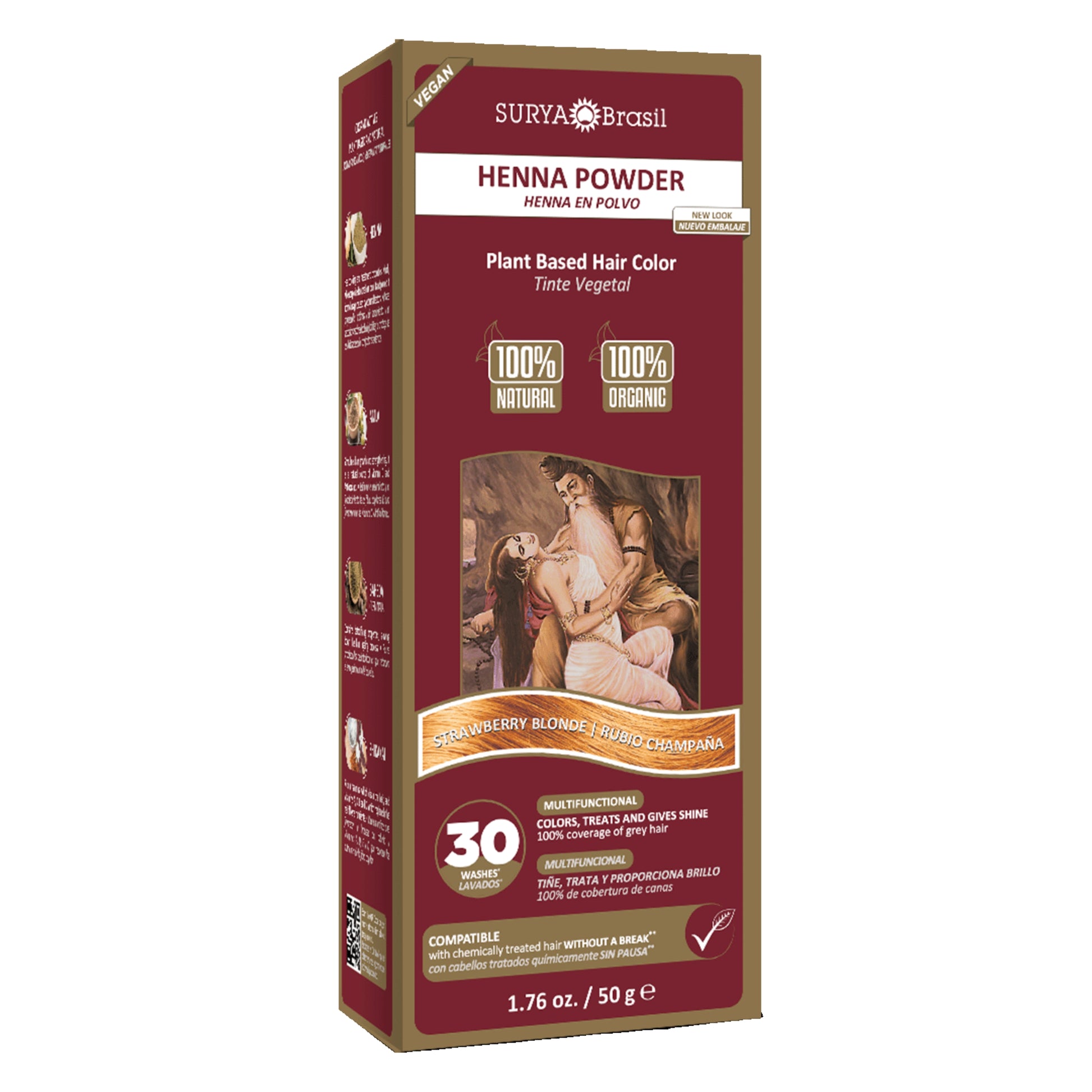 Surya Brasil Henna Powder Strawberry Blonde box with plant-based hair dye, featuring eco-friendly packaging and natural ingredients for nourishing, semi-permanent hair color.