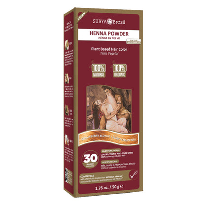 Surya Brasil Henna Powder Strawberry Blonde box with plant-based hair dye, featuring eco-friendly packaging and natural ingredients for nourishing, semi-permanent hair color.