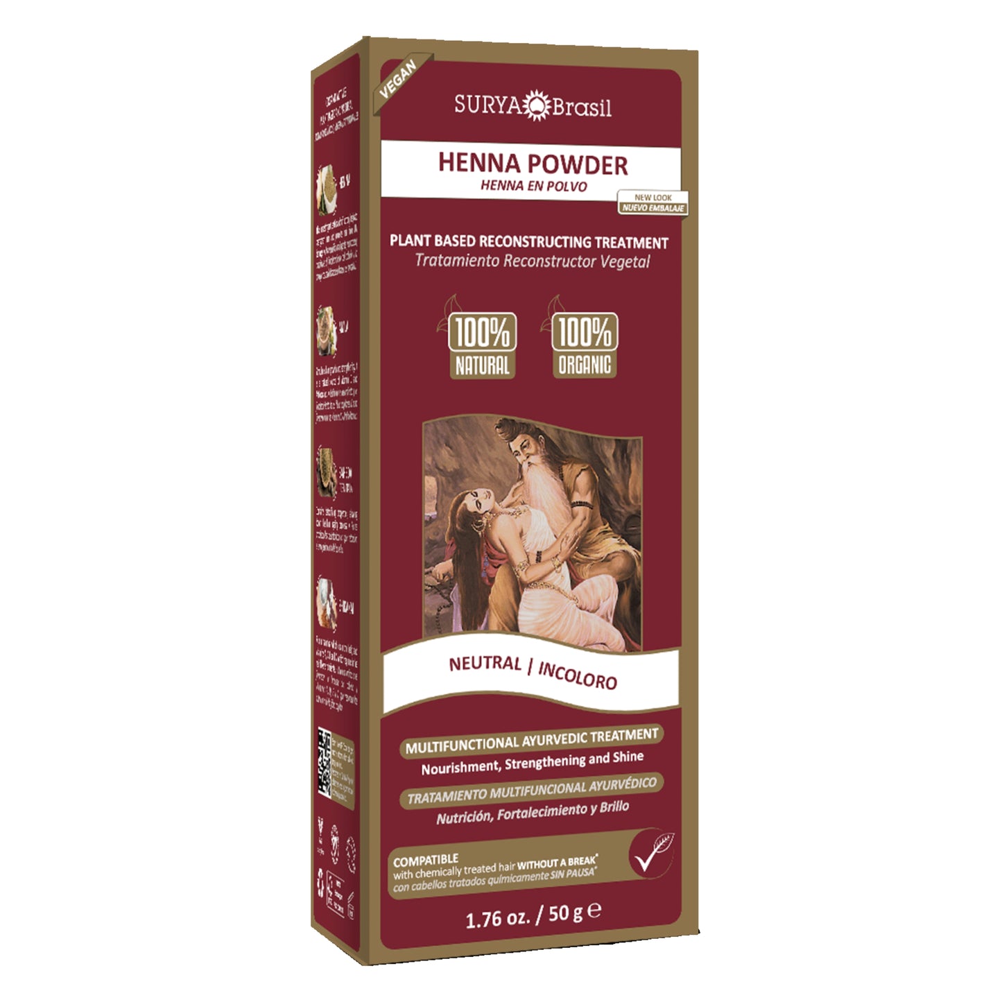 Box of Surya Brasil Neutral Henna Powder with artwork of a man and woman on the label, highlighting its 100% natural, plant-based hair treatment benefits.