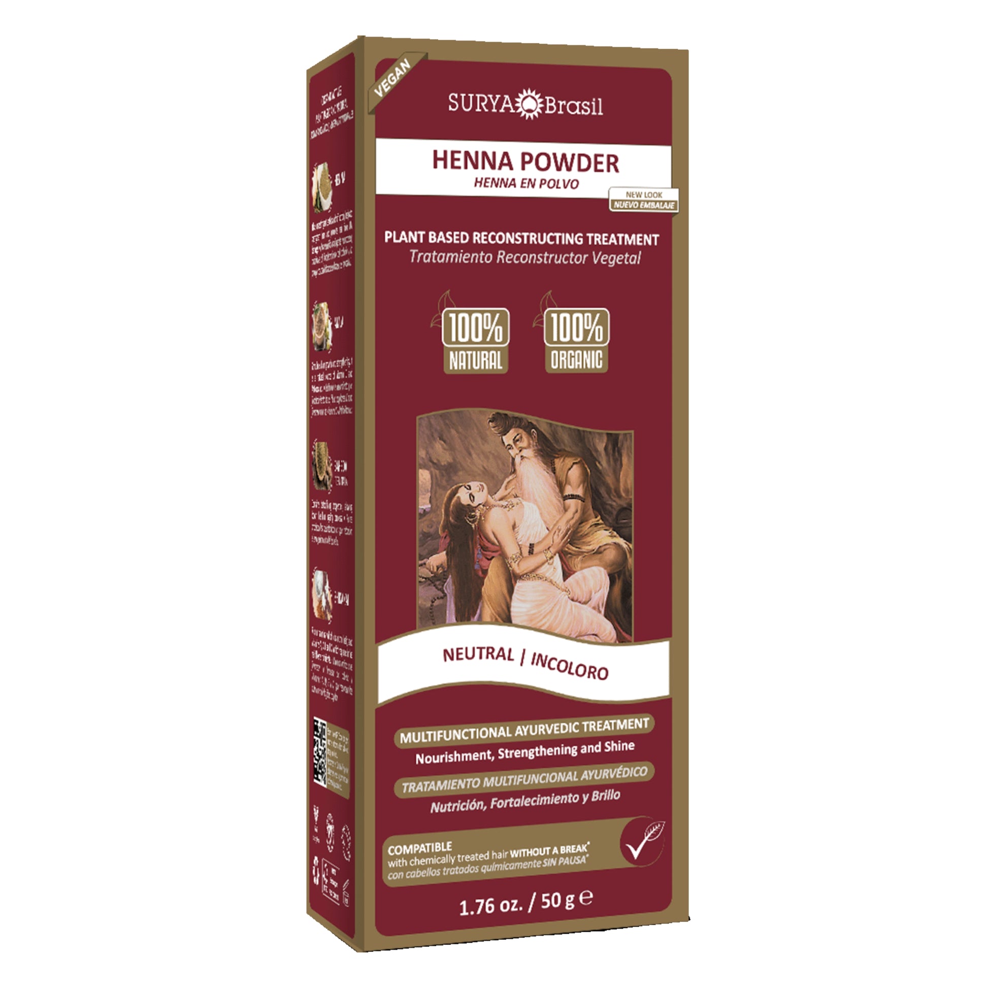 Box of Surya Brasil Neutral Henna Powder with artwork of a man and woman on the label, highlighting its 100% natural, plant-based hair treatment benefits.