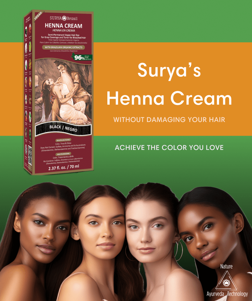 The image advertises Surya's Henna Cream, showing a box of the product in the "Black / Negro" color option, highlighting that it is a semi-permanent vegan hair dye made with 96% natural ingredients. The tagline "Without damaging your hair" is featured prominently, along with "Achieve the color you love." Below, four diverse women are pictured, representing the beauty and versatility of the product across different skin tones. The footer emphasizes the brand’s commitment to nature, Ayurveda, and technology.