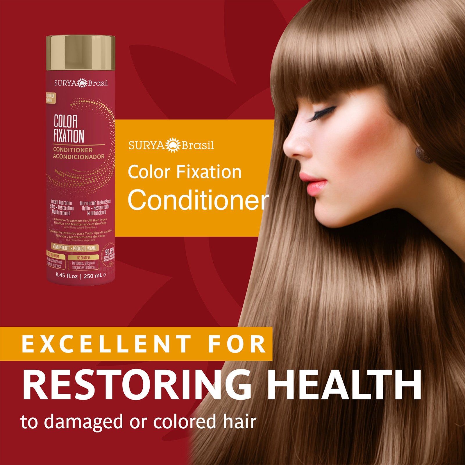 A woman with long hair holding a bottle of Surya Brasil Color Fixation Restorative Hair Conditioner. Enriched with natural ingredients for colored and chemically treated hair.