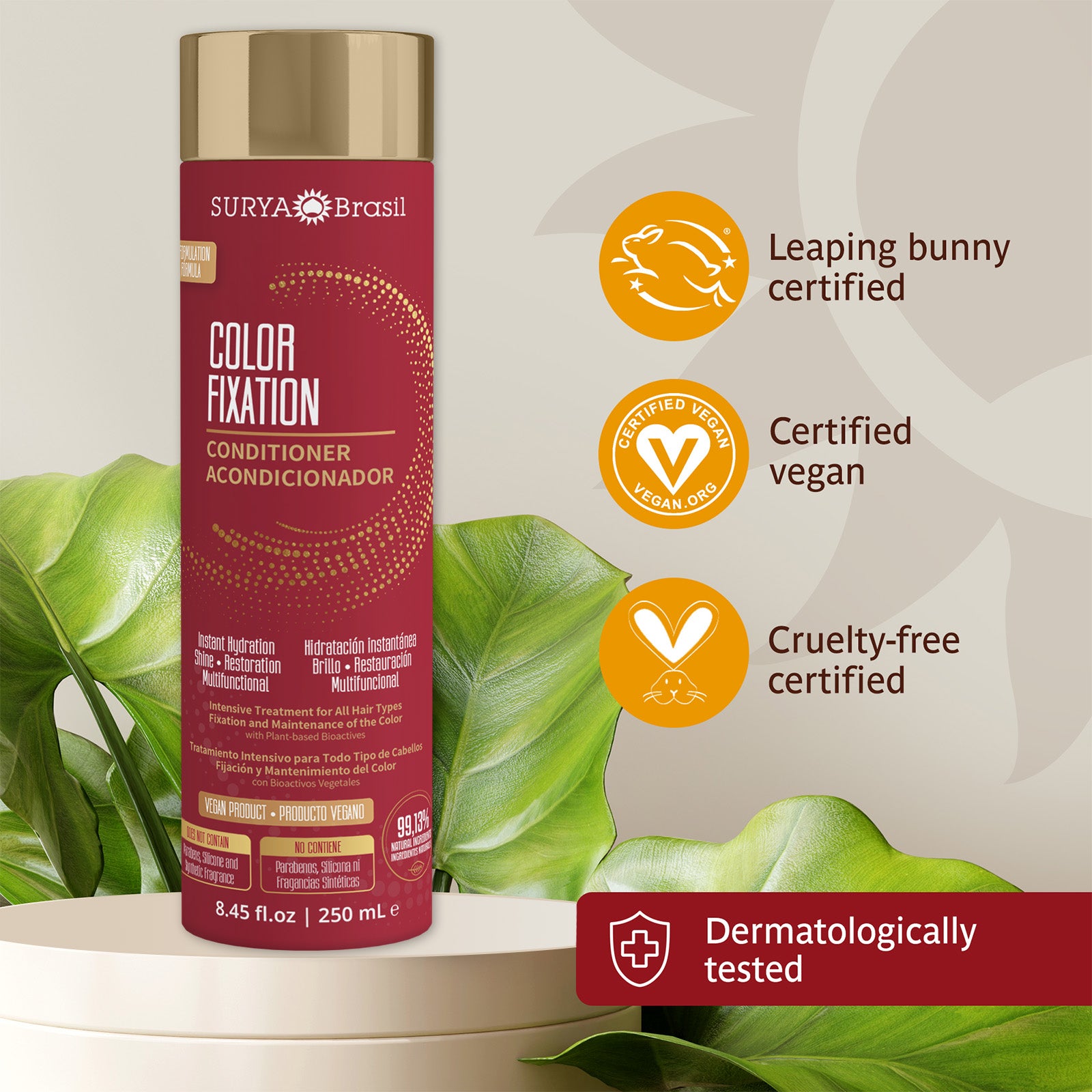 Label: Surya Brasil Color Fixation Conditioner bottle with leaf logo, red container, and rabbit emblem. Enriched with natural actives for colored hair care.