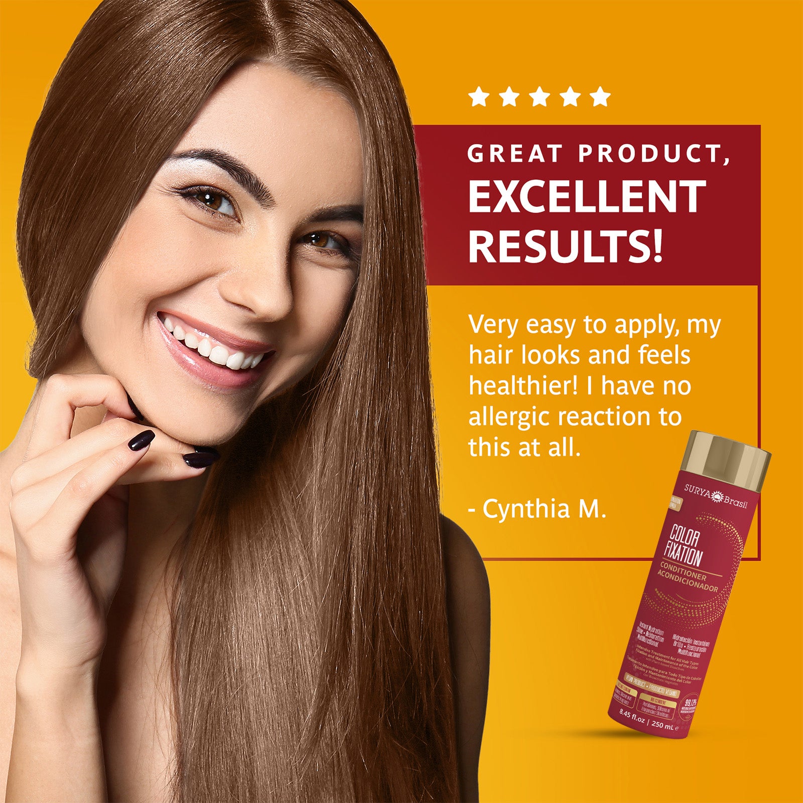 A woman with long hair holds a bottle of Surya Brasil Color Fixation Restorative Conditioner. Enriched with natural actives, it revitalizes colored and chemically treated hair for a softer, shinier look.