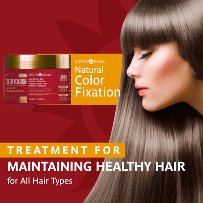 A woman with long hair holding a jar of Surya Brasil Color Fixation Hair Mask, enriched with natural ingredients for deep nourishment, color protection, strength, and radiant shine.