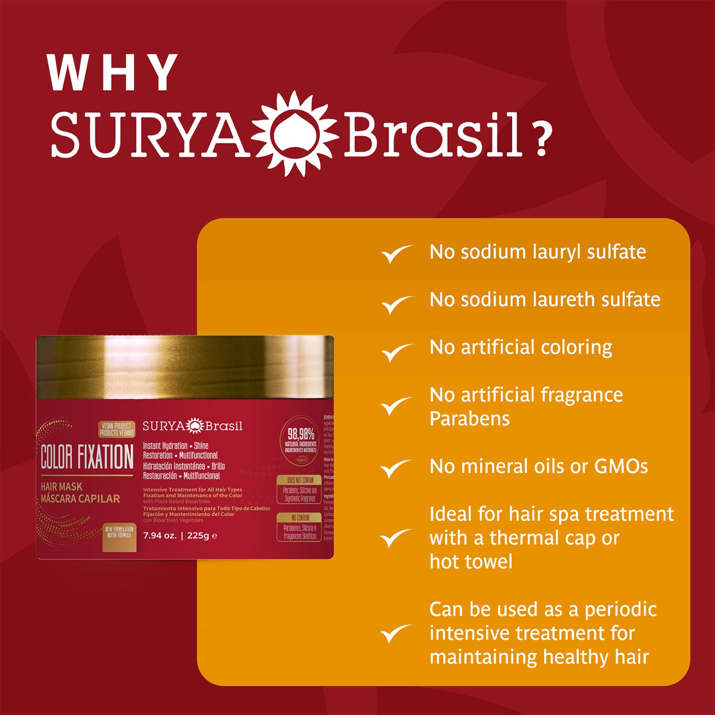 A red and gold container with white text, showcasing NEW Color Fixation Restorative Hair Mask by Surya Brasil. Rich in natural ingredients for deep nourishment, color protection, strength, and radiant shine.