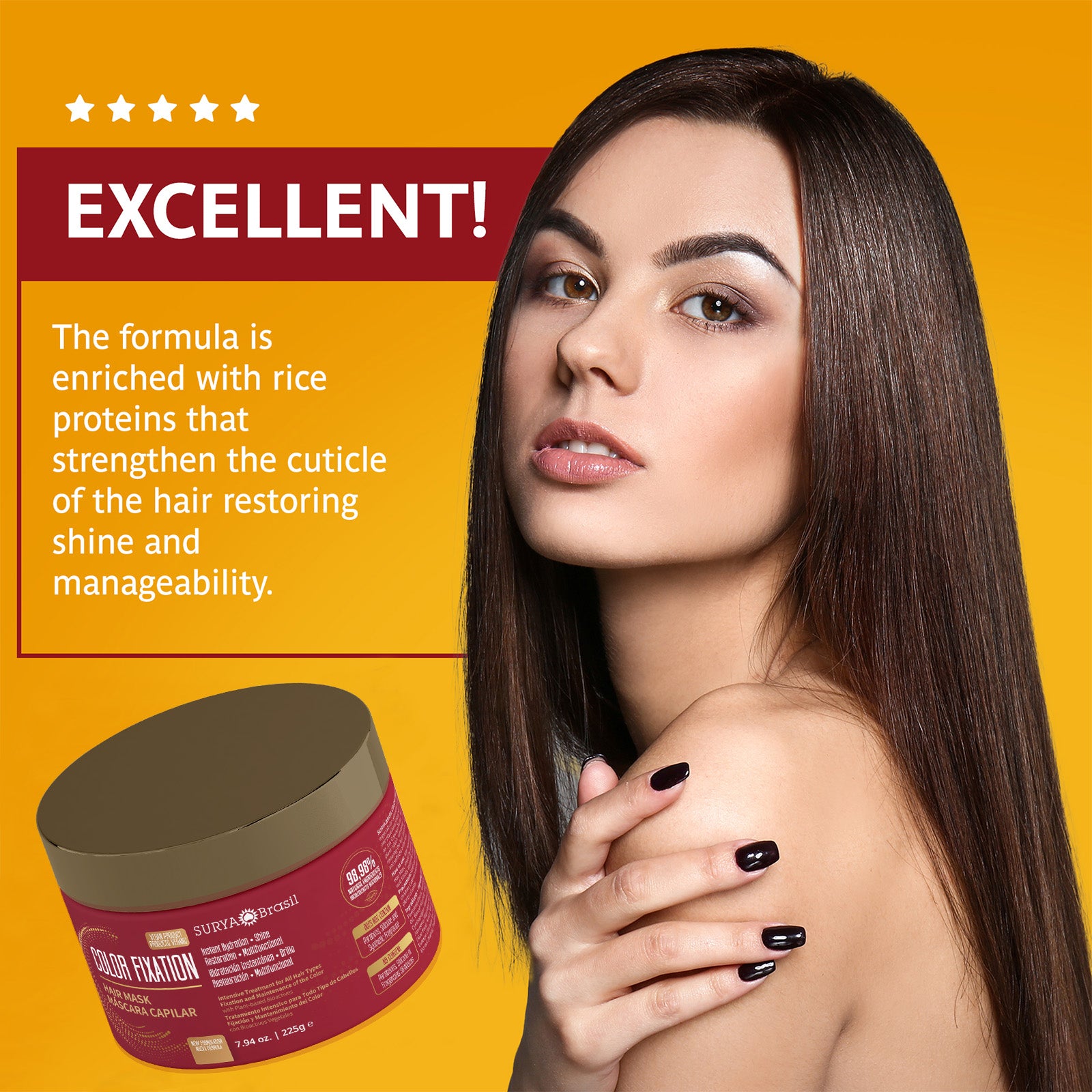 A woman with long brown hair holding a jar of Surya Brasil Color Fixation Hair Mask, enriched with natural ingredients for deep nourishment, color protection, strength, and radiant shine.