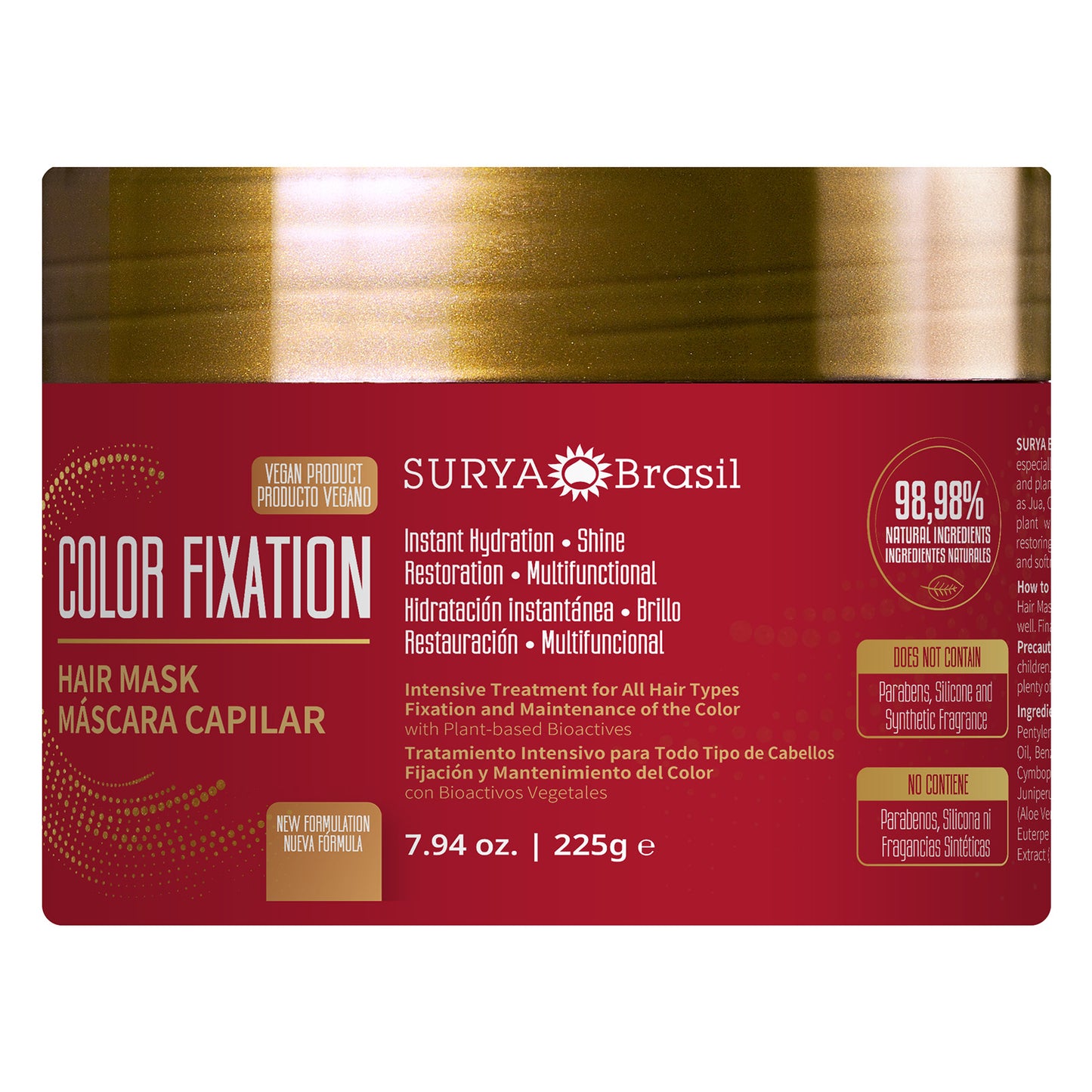 A red and gold container with white text, showcasing NEW Color Fixation Restorative Hair Mask Surya Brasil 7.94oz. Enriched with natural ingredients for deep nourishment, color protection, strength, and radiant shine.