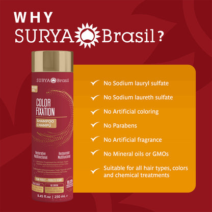 A bottle of Surya Brasil Color Fixation Shampoo, featuring a red container with gold text and a product label with natural ingredients like Jua and Cupuaçu Butter for vibrant, salon-fresh hair.