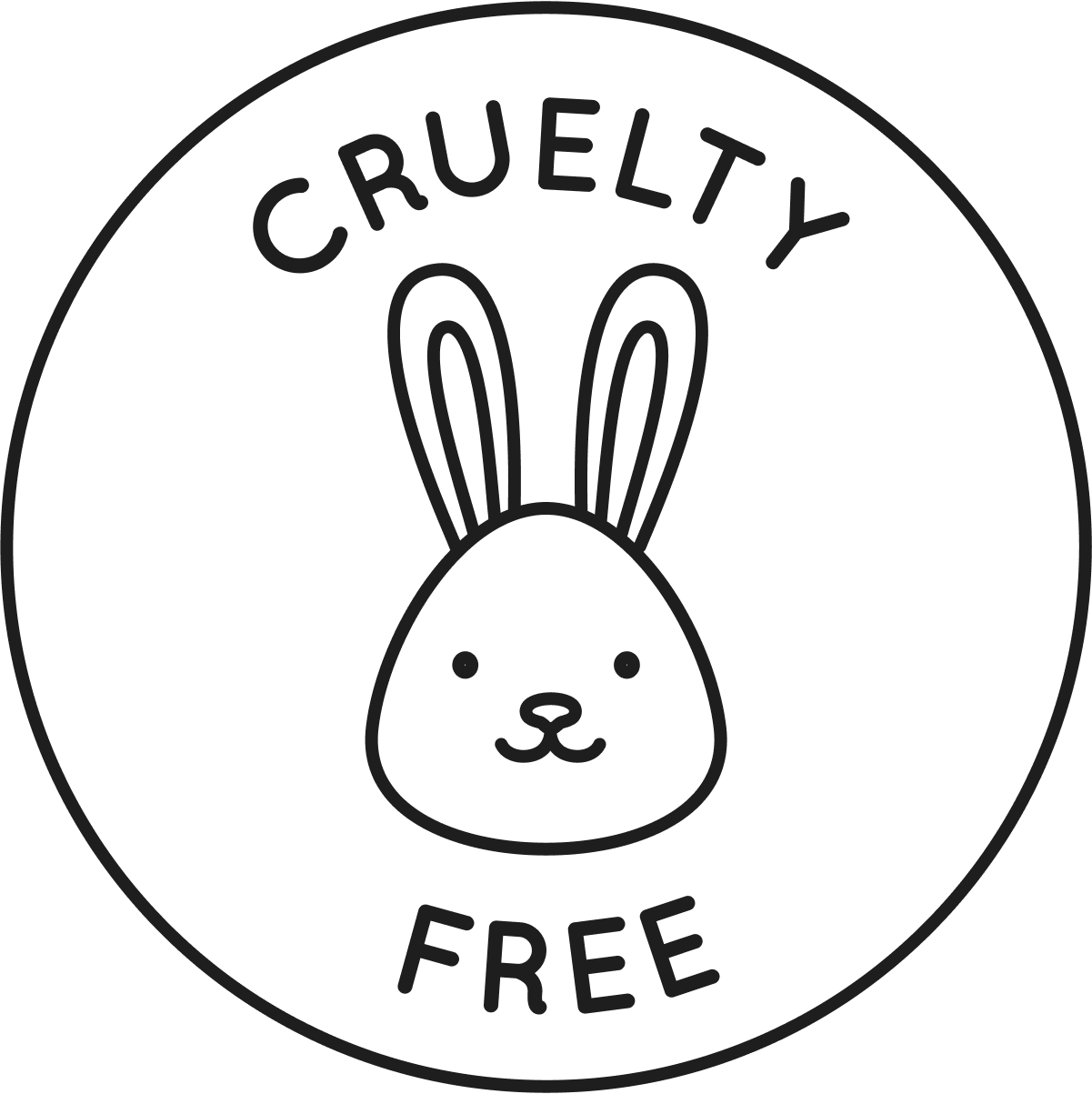 The image displays a circular logo featuring the outline of a rabbit's face with the phrase "CRUELTY FREE" written below. The design uses white lines on a black background to emphasize the commitment to not testing products on animals. This symbol is commonly used to assure consumers that the products are ethically developed without animal testing.