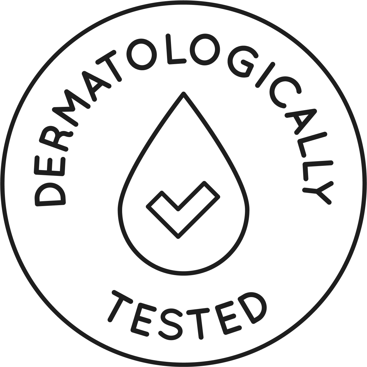 The image features a simple, circular logo with the text "DERMATOLOGICALLY TESTED" around the perimeter. Inside the circle, a stylized droplet contains a check mark, symbolizing the product's approval after dermatological testing. The design uses white lines on a black background, conveying a clear and professional assurance of skin safety.