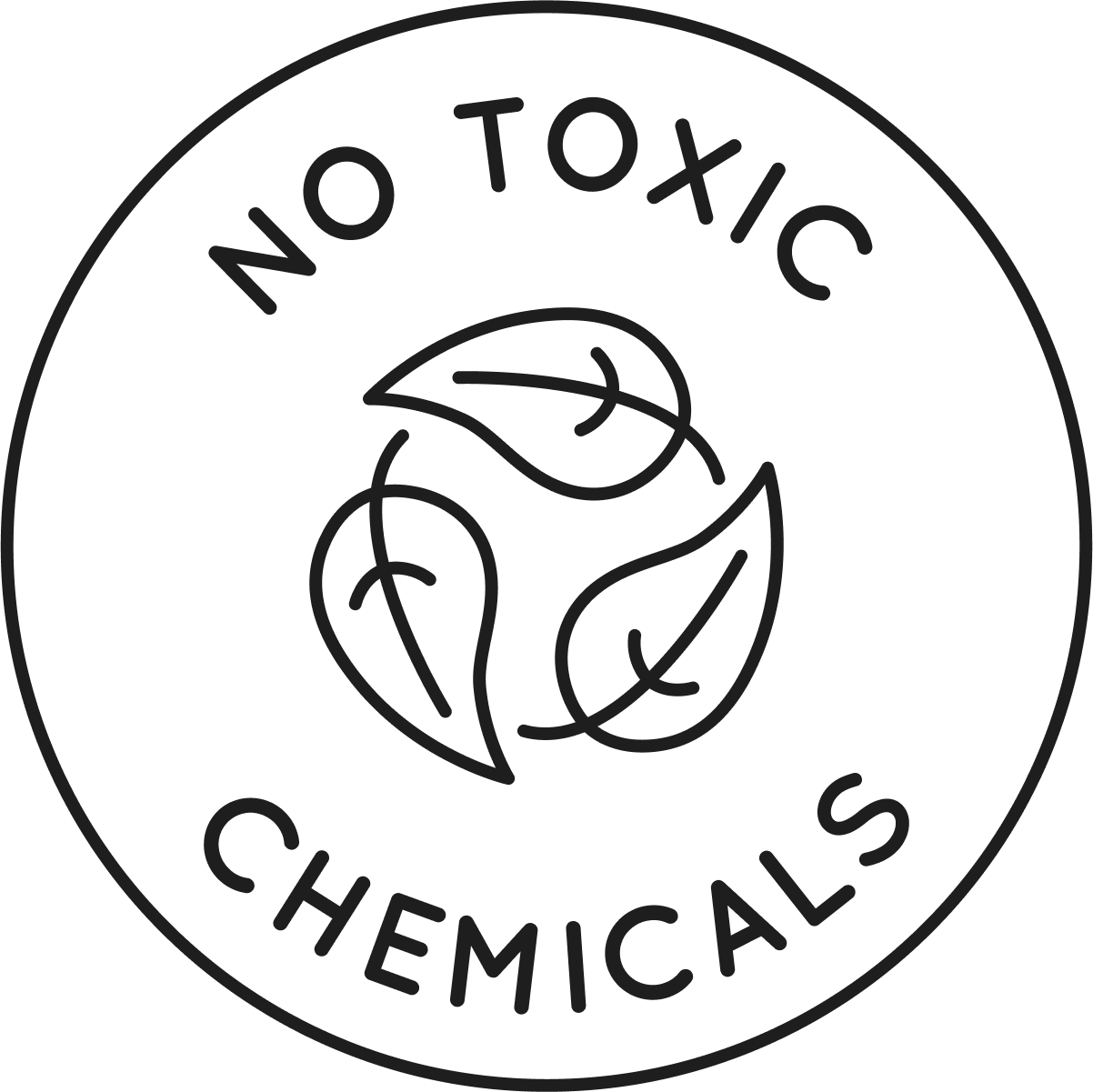 The image features a simple, circular logo with the phrase "No Toxic Chemicals" written around the edge. Inside the circle, there is an outline of three stylized leaves, which emphasizes the eco-friendly or natural aspect of the product or brand represented by the logo. The entire design is in white lines on a black background, suggesting a clean and straightforward message about the absence of harmful chemicals.