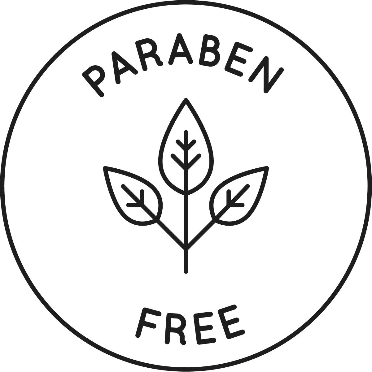 The image features a simple, circular logo with the phrase "PARABEN FREE" around the perimeter. Inside the circle, a stylized plant with three leaves emphasizes the product's commitment to being free from parabens, aligning with health-conscious and environmentally friendly practices. The design uses white lines on a black background to convey a clean and straightforward message about the product's formulation.