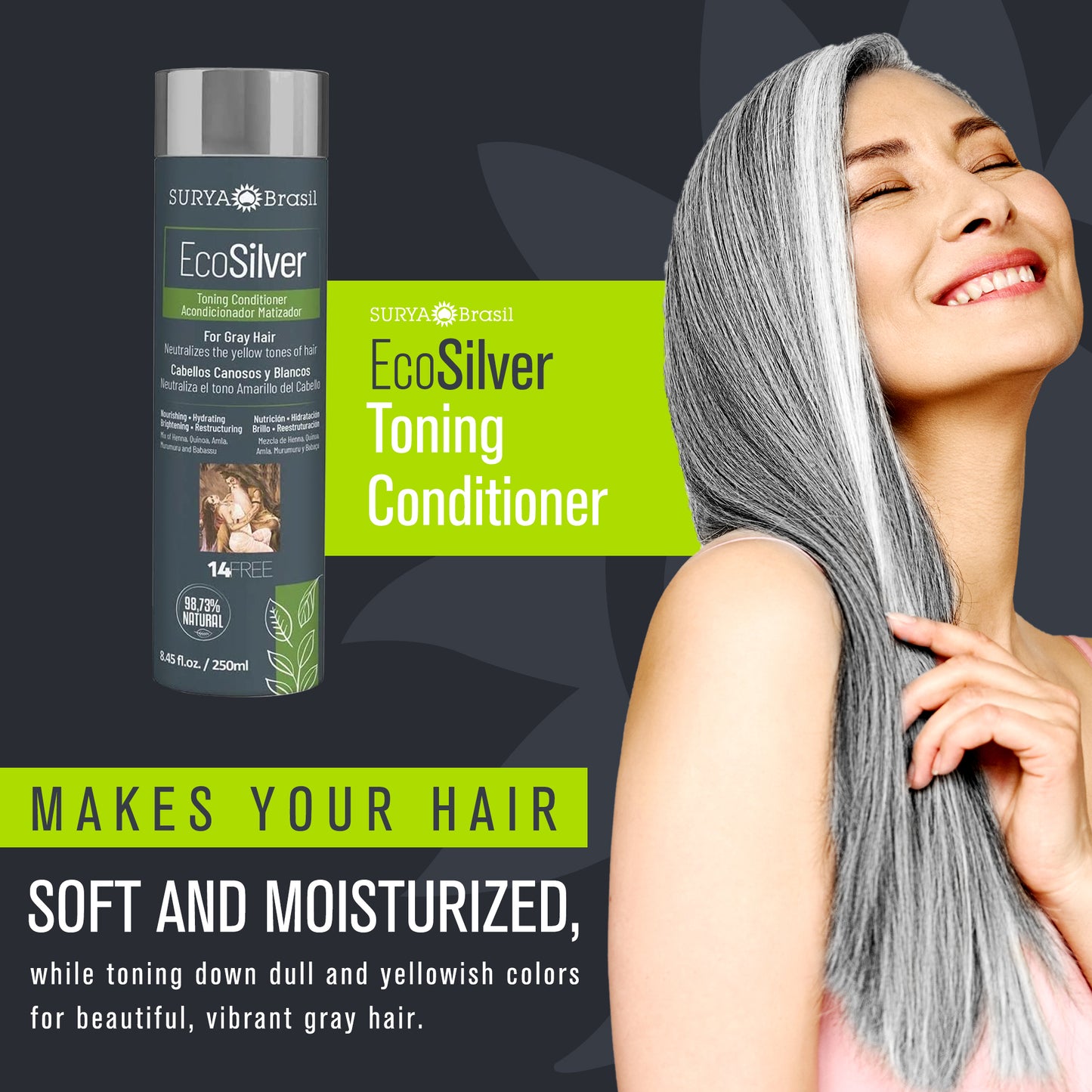 A woman with gray hair holding EcoSilver Toning Conditioner, enriched with Brassica seed oil and antioxidants, restoring shine and health to gray hair.