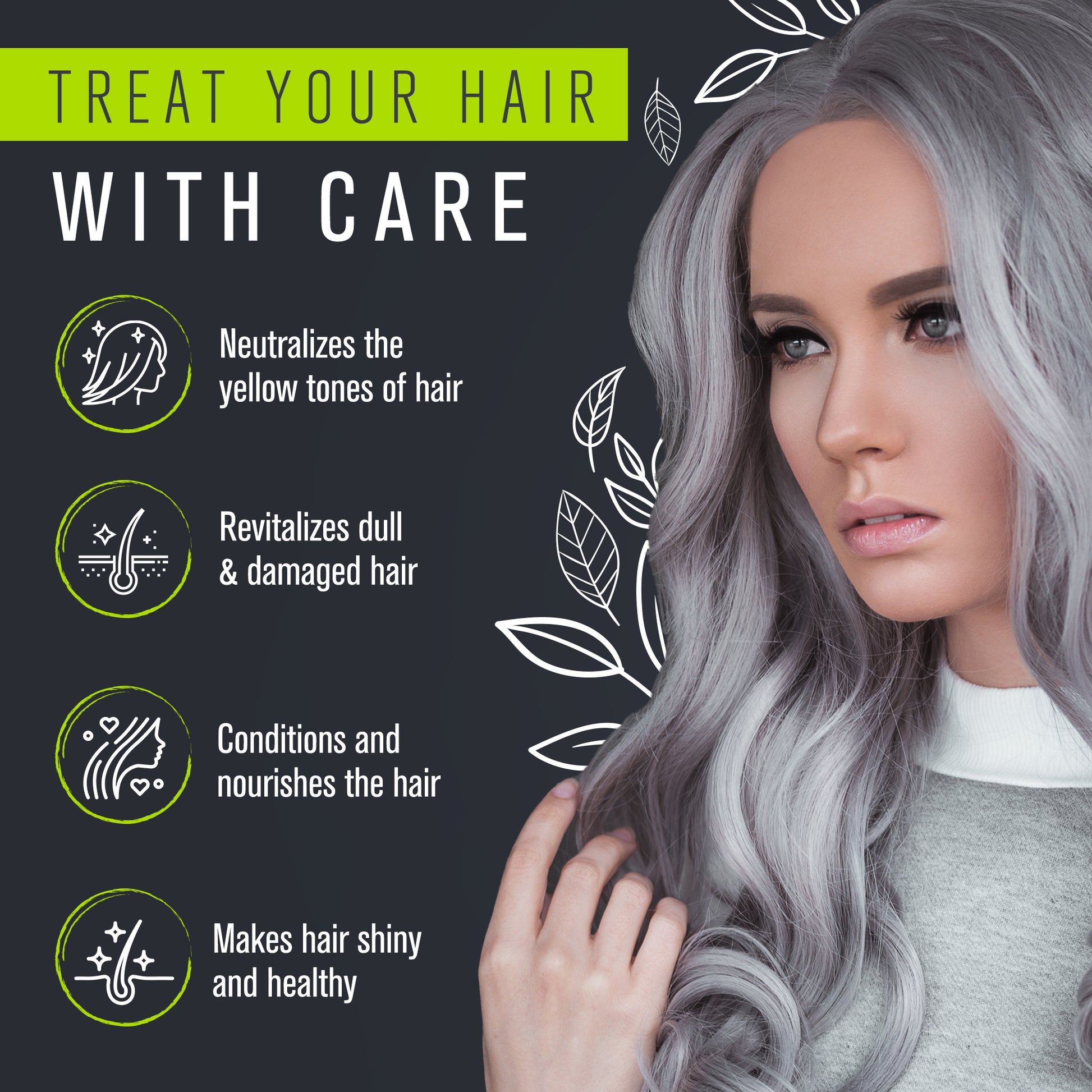 A woman with long grey hair, a logo of hair growth, and a woman's face. EcoSilver Toning Conditioner for gray hair, enriched with natural oils and antioxidants for soft, shiny, healthy hair.