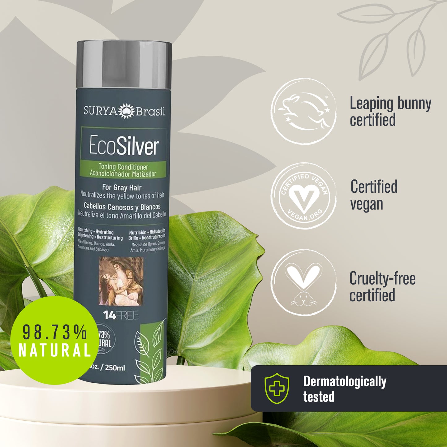 A close-up of EcoSilver Toning Conditioner bottle with a label, a green circle logo, and a rabbit emblem, enriched with natural ingredients for gray hair care.