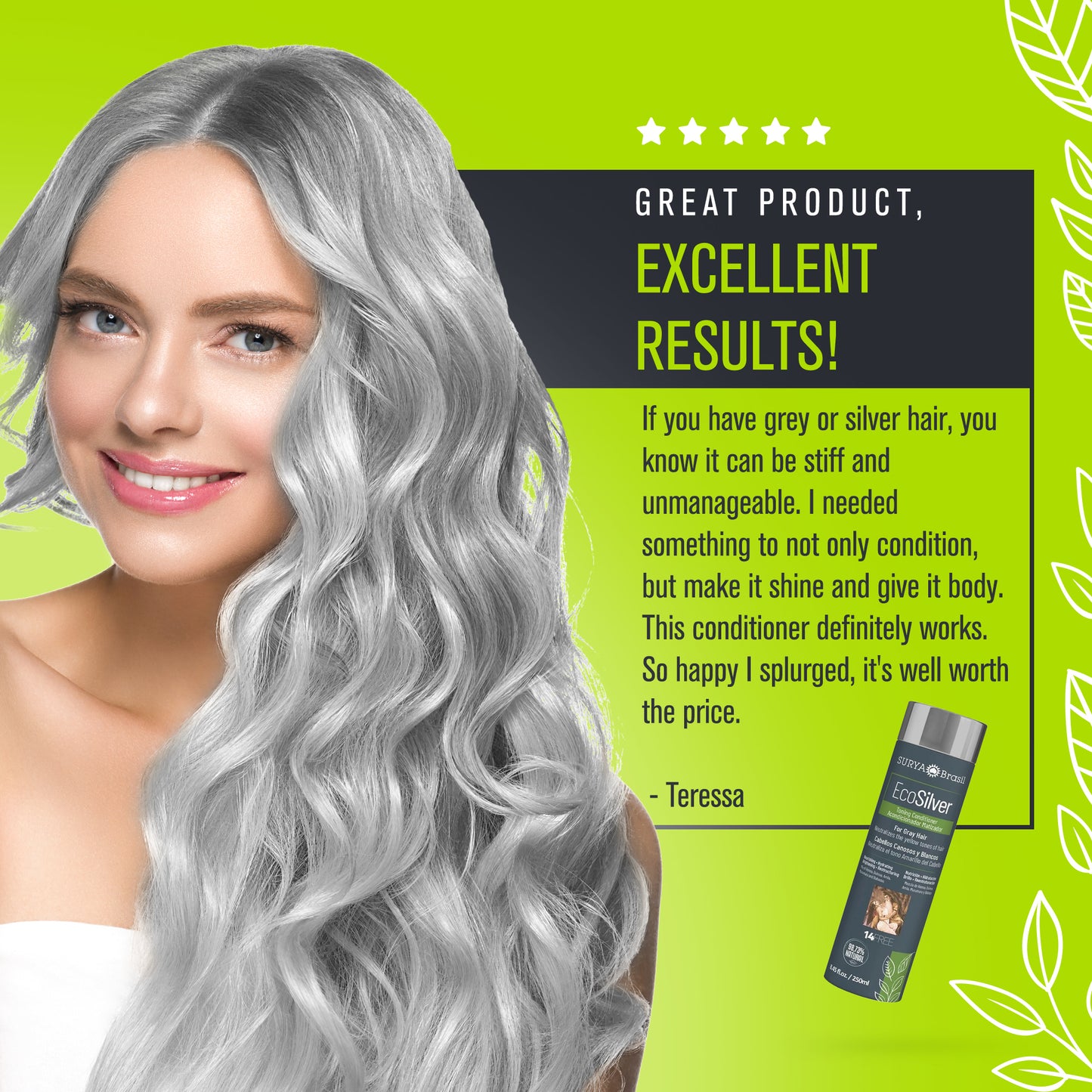 A smiling woman with long grey hair, showcasing EcoSilver Toning Conditioner for gray hair. Natural ingredients like Brassica seed oil and Henna enhance shine and nutrition.