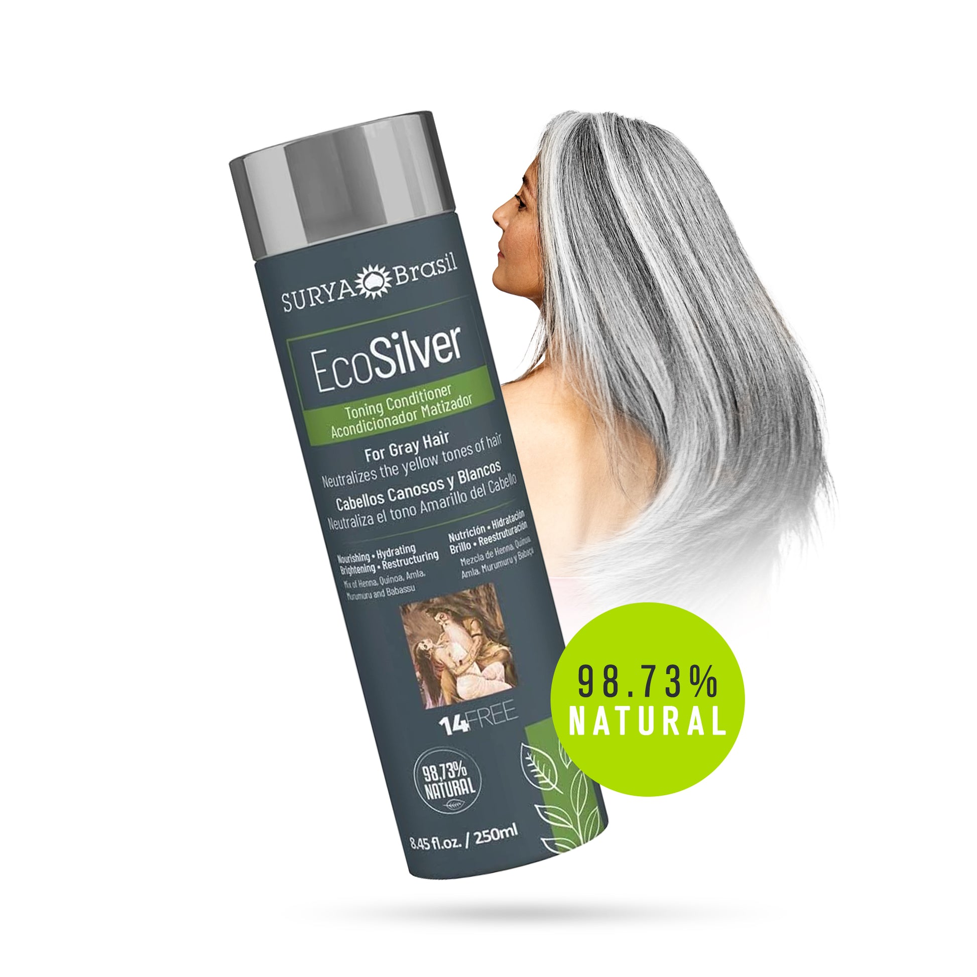 A woman with grey hair holding a gray bottle of EcoSilver Toning Conditioner, enriched with natural ingredients for soft, shiny, healthy hair.