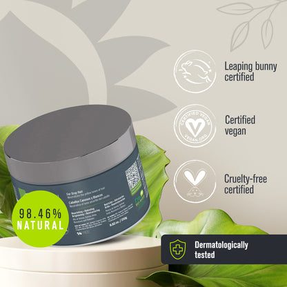 EcoSilver Toning Hair Mask: Jar of hair product on white surface, featuring a logo of a rabbit. Enriched with Henna, Quinoa, Amla, Murumuru, and Babassu Oil for silver nuance and shine.