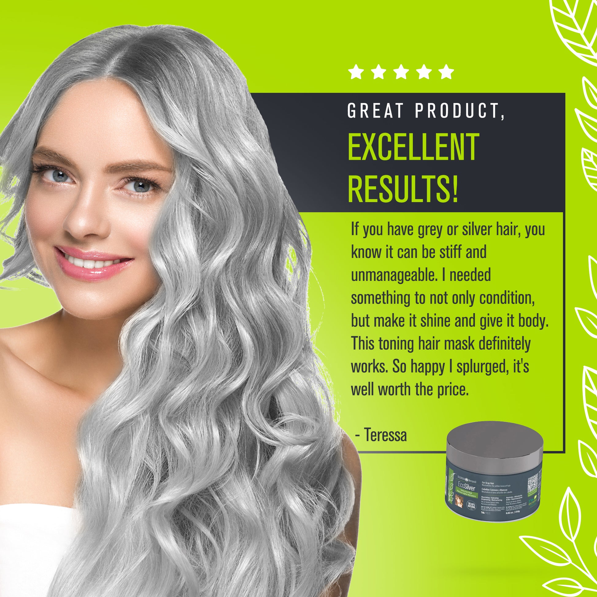 A woman with long hair holding a jar of EcoSilver Toning Hair Mask, enriched with Henna, Quinoa, and Amla for gray and white hair. Nourishes, strengthens, and neutralizes yellow tones.