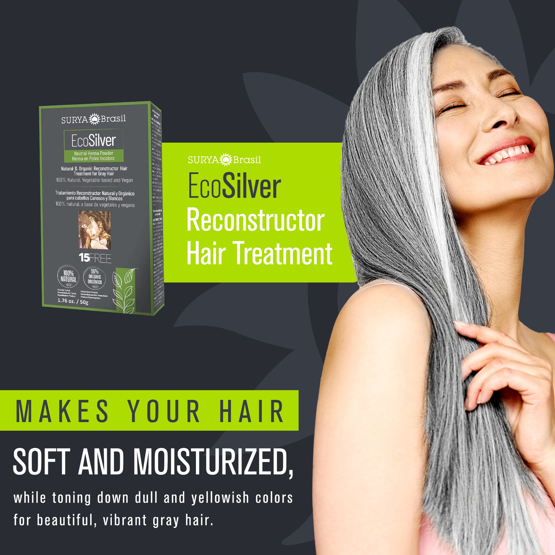 A woman with gray hair smiling, holding a box of Surya Brasil EcoSilver Henna Powder for gray and white hair, enriched with Brazilian plants and oils for deep hydration and hair reconstruction.