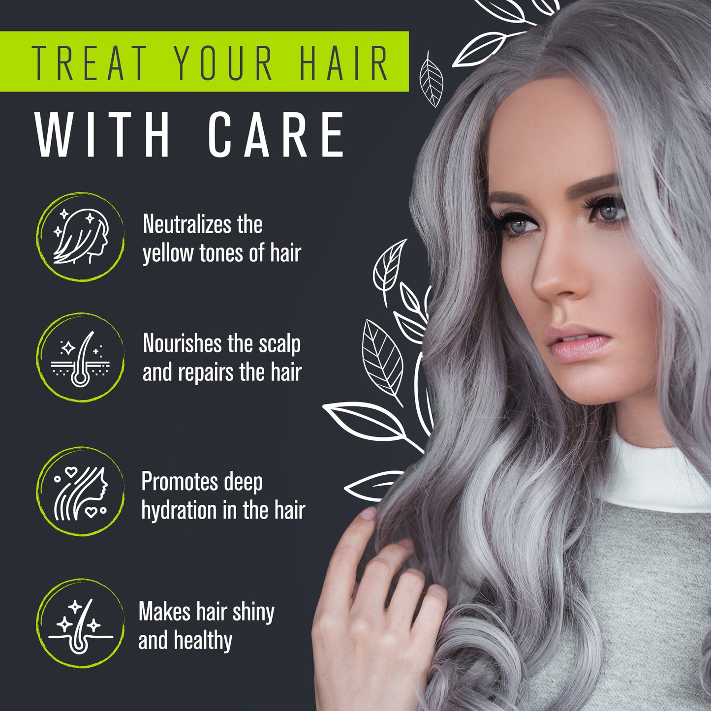 A woman with long grey hair, a logo of hair growth, and a woman's head. EcoSilver Henna Powder Colorless for gray and white hair, enriched with Brazilian plants for deep hydration and hair reconstruction.