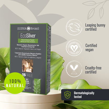 A box of EcoSilver Henna Powder Colorless treatment for gray and white hair, enriched with Brazilian plants and oils like Jaborandi, Copaíba, and Açaí, providing deep hydration and hair reconstruction.