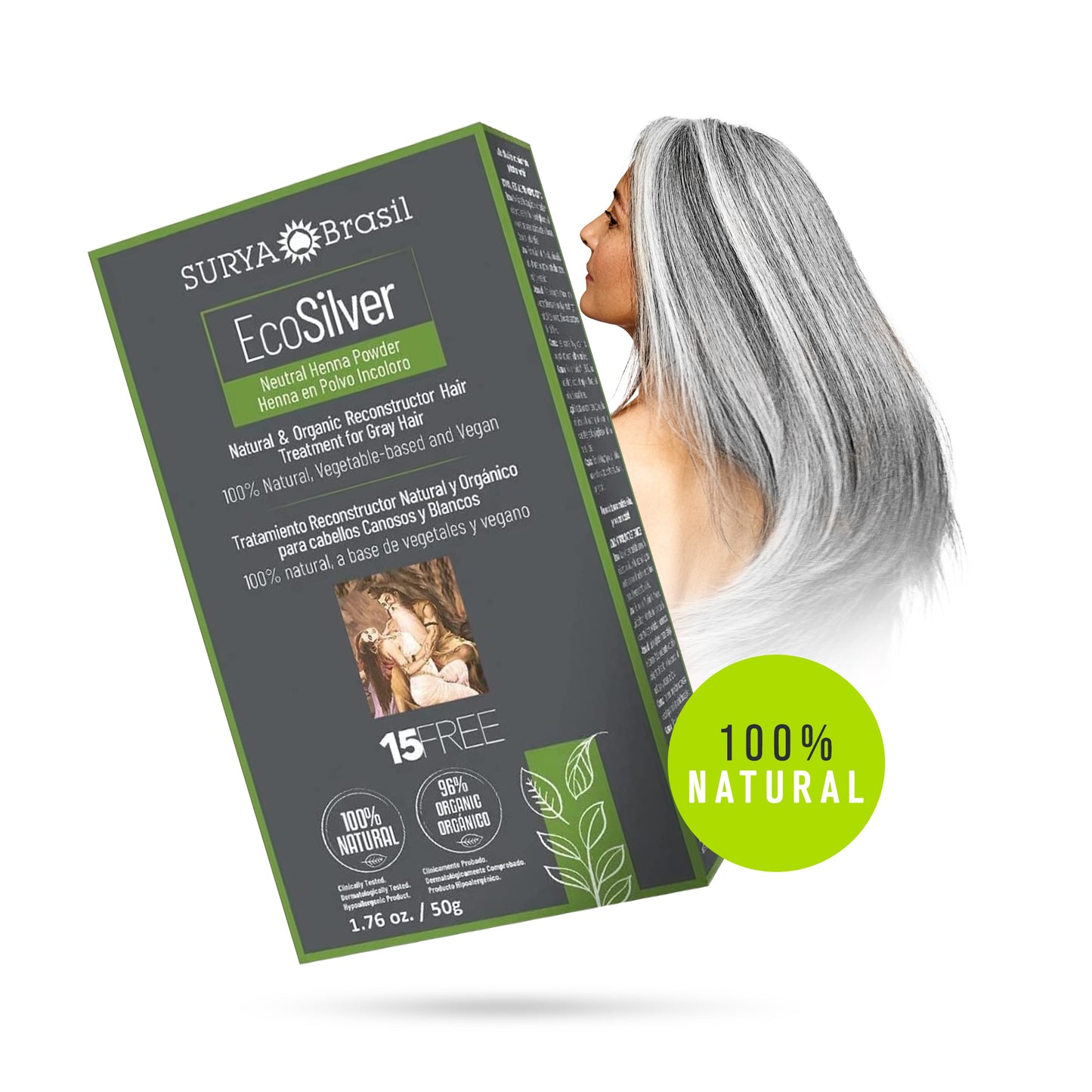 A woman holds a box of Surya Brasil EcoSilver Clear Henna Powder, a vegan treatment for gray hair. Enriched with Brazilian plants and oils for deep hydration and hair reconstruction.