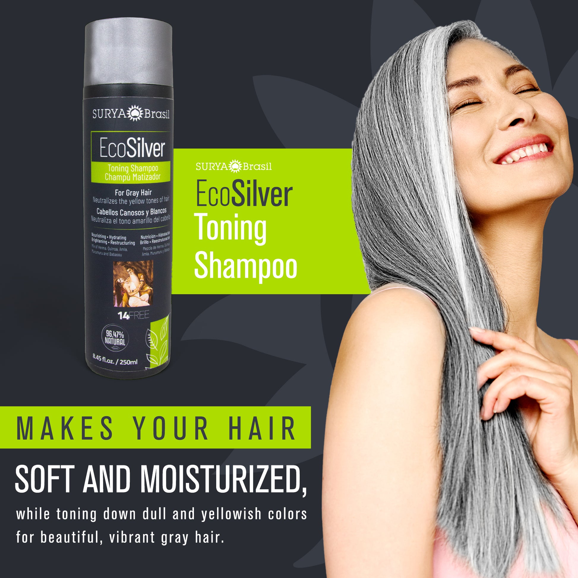 A woman with long gray hair holding a black bottle of EcoSilver Toning Shampoo. Enriched with Henna, Quinoa, Amla, Murumuru, and Babassu for toning and hydration.