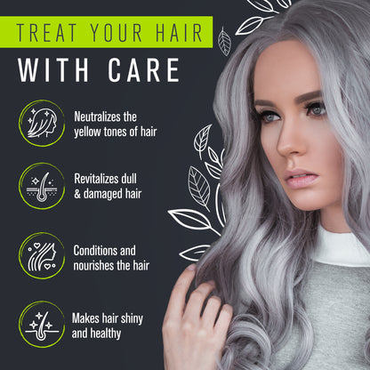 A woman with long grey hair, a logo of a woman's face, and a logo of hair growth. EcoSilver Toning Shampoo for gray and white hair, enriched with Henna, Quinoa, Amla, and more for toning and hydration.