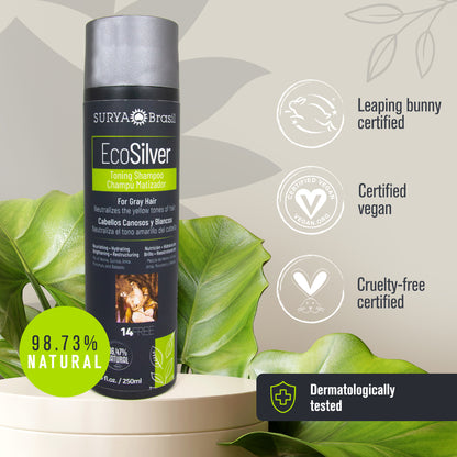 A bottle of EcoSilver Toning Shampoo, featuring a green label, enriched with Henna, Quinoa, Amla, Murumuru, and Babassu for toning and antioxidant action.