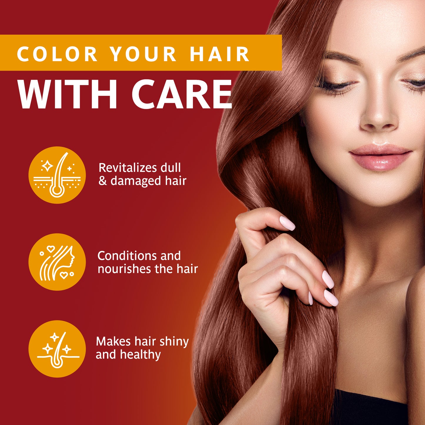 A woman holding her hair, a logo of a woman's face, a white line on a yellow circle, and a red sign with white text, representing Surya Brasil Henna Cream, a holistic hair care product inspired by Ayurvedic principles and the Amazon Forest.