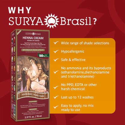 Luxurious Surya Brasil Henna Cream Ash Blonde 2.37oz box, embodying holistic wellness with Amazonian biodiversity. Eco-friendly, nourishing hair dye for vibrant, natural beauty.