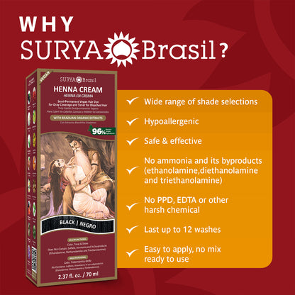 A box of Surya Brasil Henna Cream Black 2.37oz, embodying holistic wellness with Ayurvedic principles and Amazon Forest biodiversity. Ayurveda-inspired hair coloring for all types.