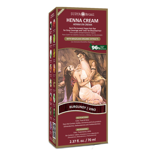 A box of Surya Brasil Henna Cream Burgundy, 2.37 fl. oz., blending Ayurvedic principles and Amazon biodiversity for vibrant, nourished hair.