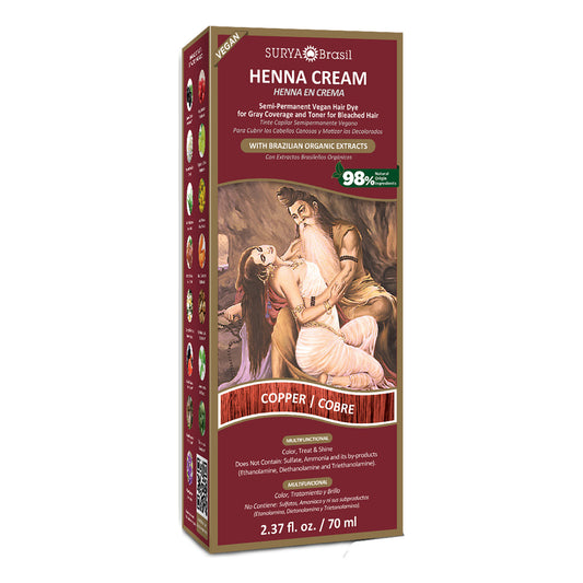 A box of Surya Brasil Henna Cream Copper, 2.37 fl. oz., blending Ayurvedic wisdom with Amazon vitality for vibrant, natural hair care.