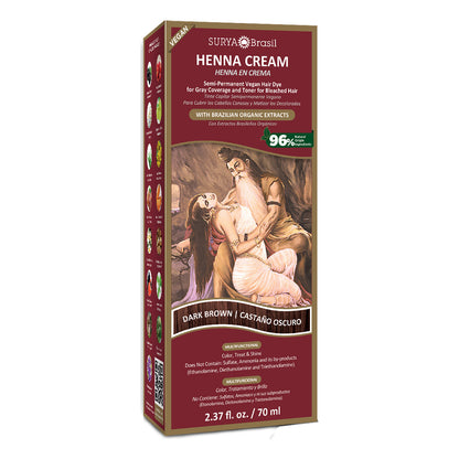 Henna Cream Dark Brown box featuring Surya Brasil branding, highlighting natural ingredients and eco-friendly, semi-permanent hair color benefits.