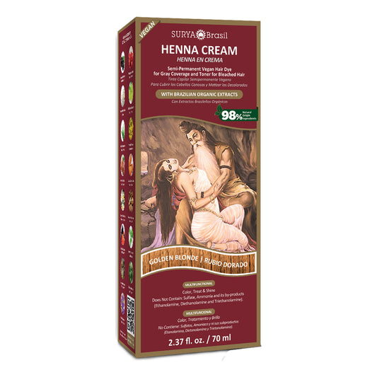 A box of Surya Brasil Henna Cream Golden Blonde, 2.37 fl. oz. Luxurious Ayurvedic blend for vibrant, nourished hair coloring.