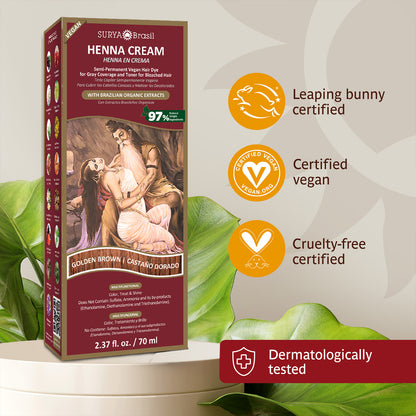 Luxurious Surya Brasil Henna Cream Golden Brown 2.37oz box, embodying holistic wellness with Amazon Forest biodiversity. Natural, eco-conscious hair coloring for all types.