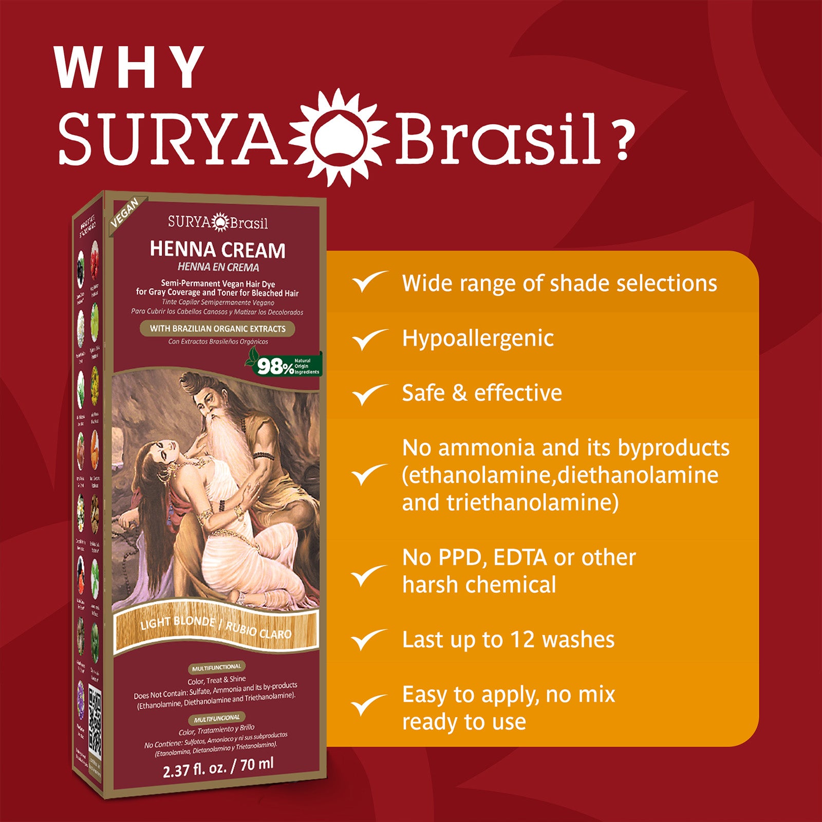 A box of Surya Brasil Henna Cream, embodying Ayurvedic wisdom and Amazonian biodiversity for holistic hair care. Size: 2.37 fl. oz.