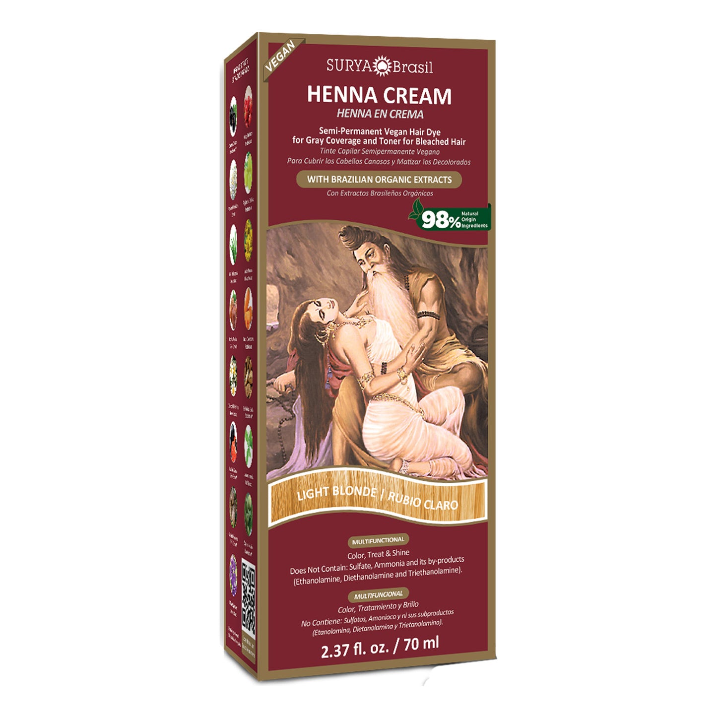 A box of Surya Brasil Henna Cream Light Blonde 2.37oz, embodying Ayurvedic wisdom and Amazonian vitality for vibrant, eco-conscious hair care.